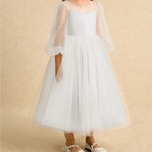 Azazie Ivory Flower Girl Dress with Sheer Sleeves